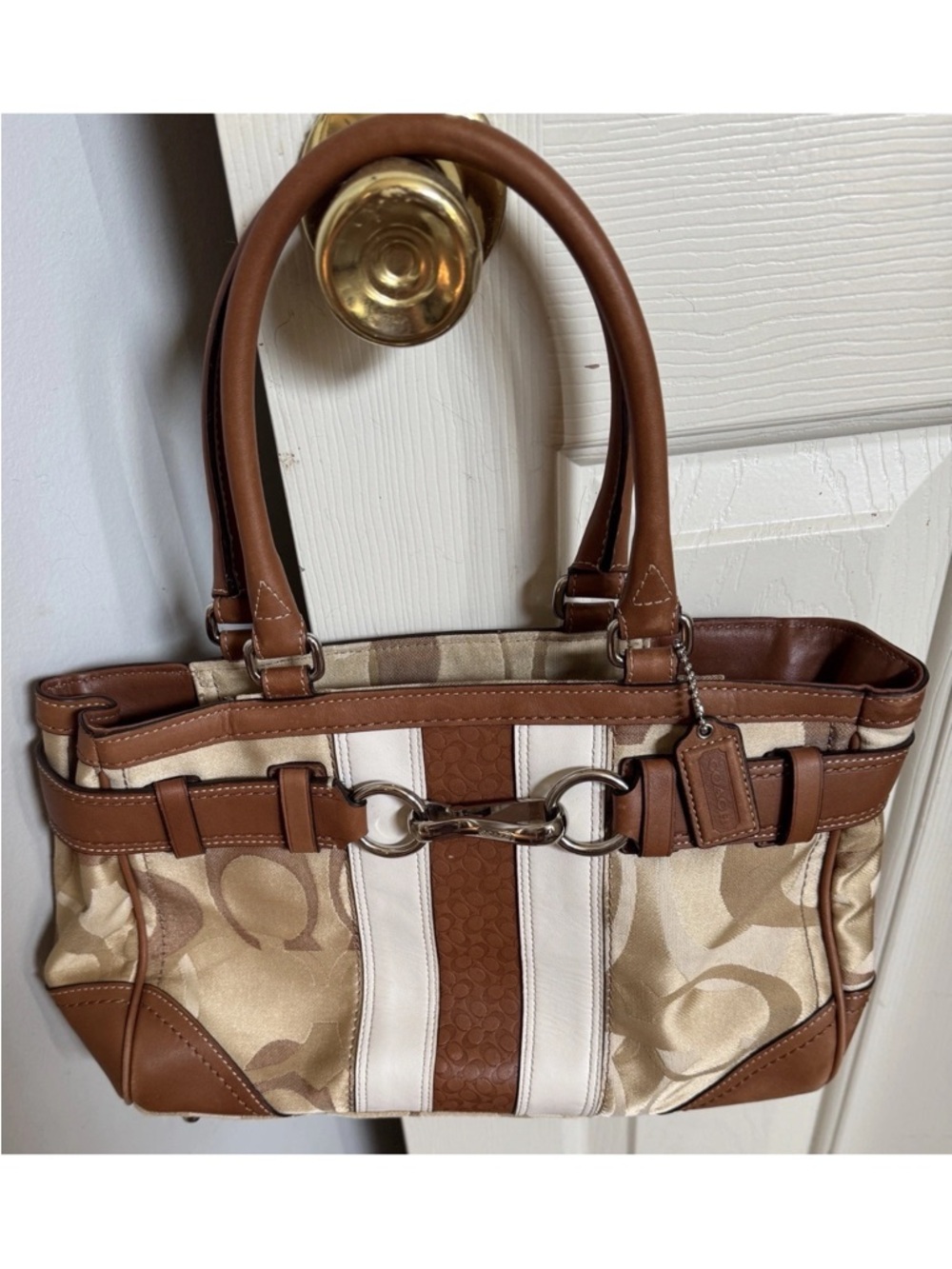 COACH Women's Brown and Cream Signature Tote Bag